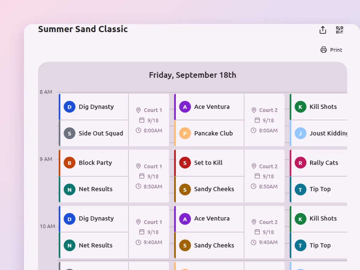 A tournament schedule with matches on three courts every fifty minutes