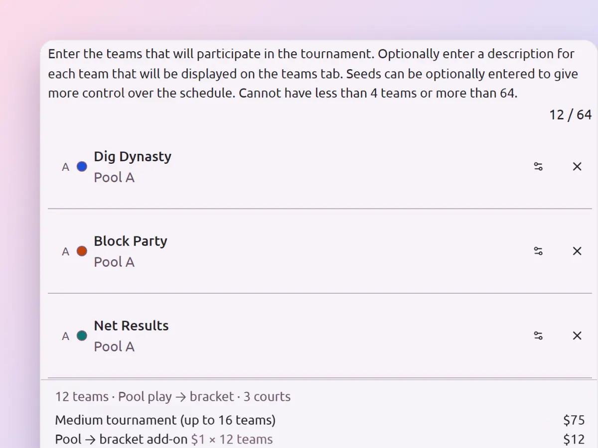 The builder’s Teams step with twelve teams split into pools, and the running price